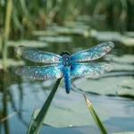 Libellule bleue posée sur un roseau au bord d'un étang calme, symbolisant la transformation et la spiritualité