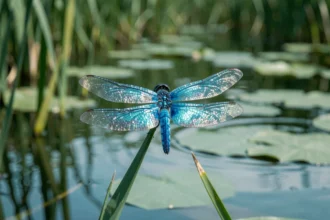 Libellule bleue posée sur un roseau au bord d'un étang calme, symbolisant la transformation et la spiritualité