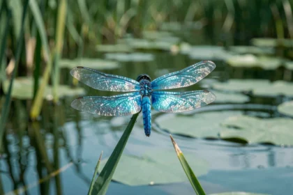 Libellule bleue posée sur un roseau au bord d'un étang calme, symbolisant la transformation et la spiritualité