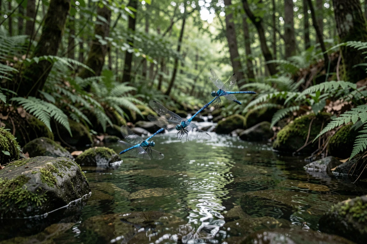 Groupe de libellules bleues au-dessus d'un ruisseau forestier, symbolisme du changement et connexion à la nature