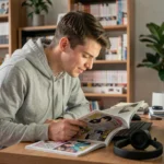 Jeune homme lisant One Piece en ligne sur un grand écran dans un bureau à domicile confortable rempli de mangas