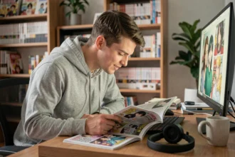 Jeune homme lisant One Piece en ligne sur un grand écran dans un bureau à domicile confortable rempli de mangas