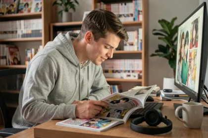 Jeune homme lisant One Piece en ligne sur un grand écran dans un bureau à domicile confortable rempli de mangas