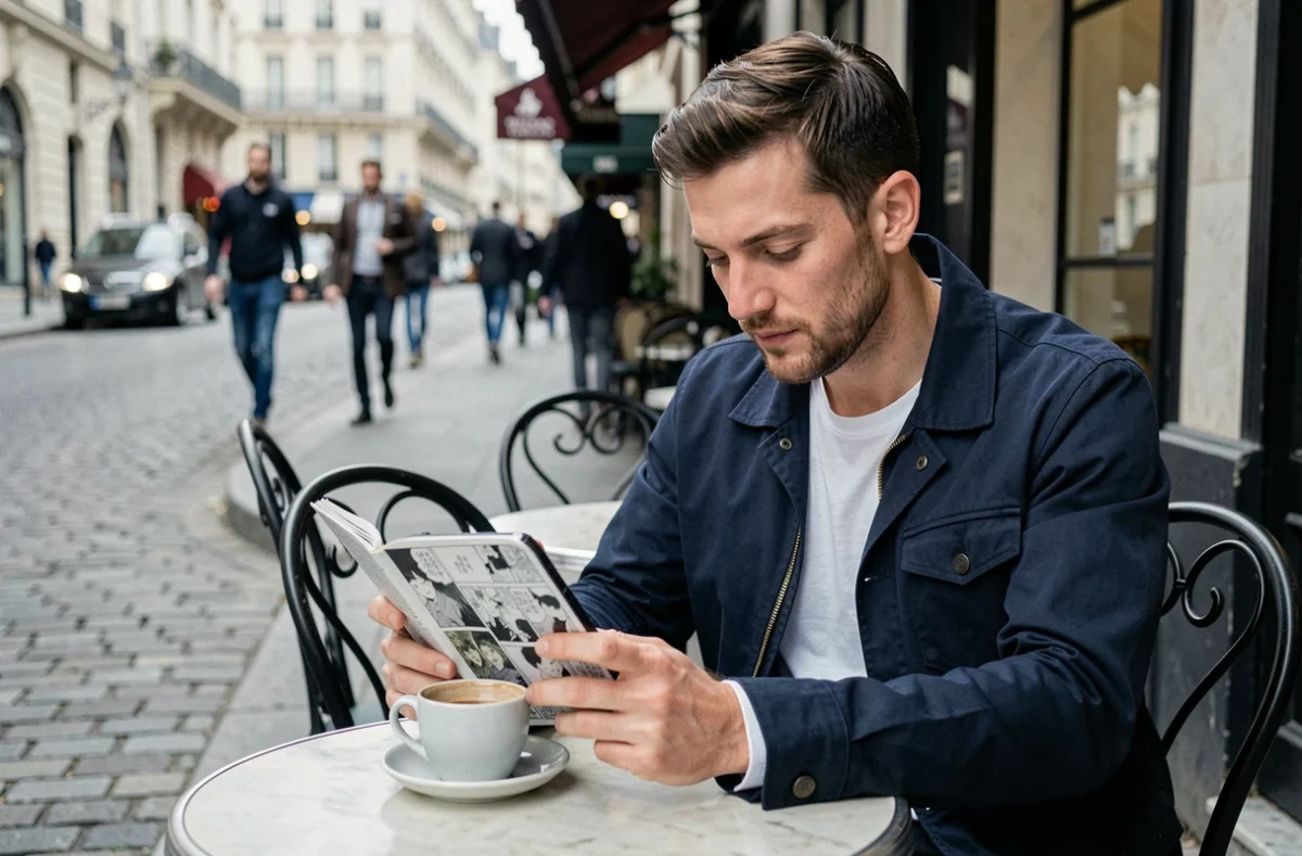 Homme lisant des scans de One Piece sur smartphone dans un café parisien en terrasse