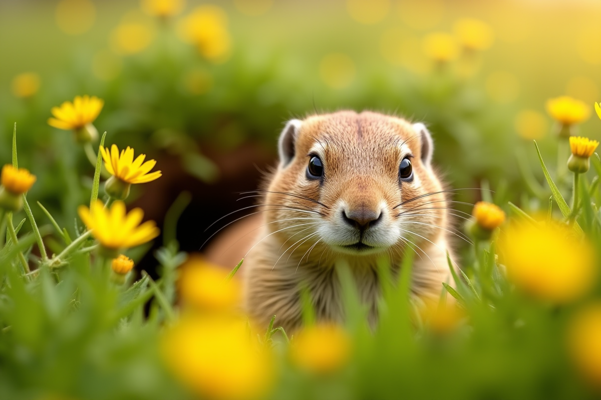 Marmotte dans un pré vert avec fleurs jaunes en journée