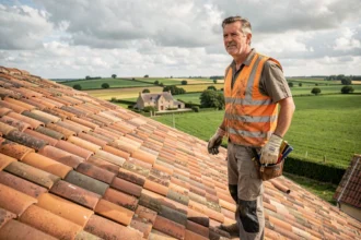 Couvreur professionnel debout sur un toit en tuiles de terre cuite en Vendée, vue grand angle sur la campagne environnante