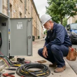 Un électricien professionnel en tenue de travail intervient devant un tableau électrique dans une rue résidentielle de l'Oise