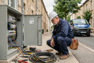 Un électricien professionnel en tenue de travail intervient devant un tableau électrique dans une rue résidentielle de l'Oise