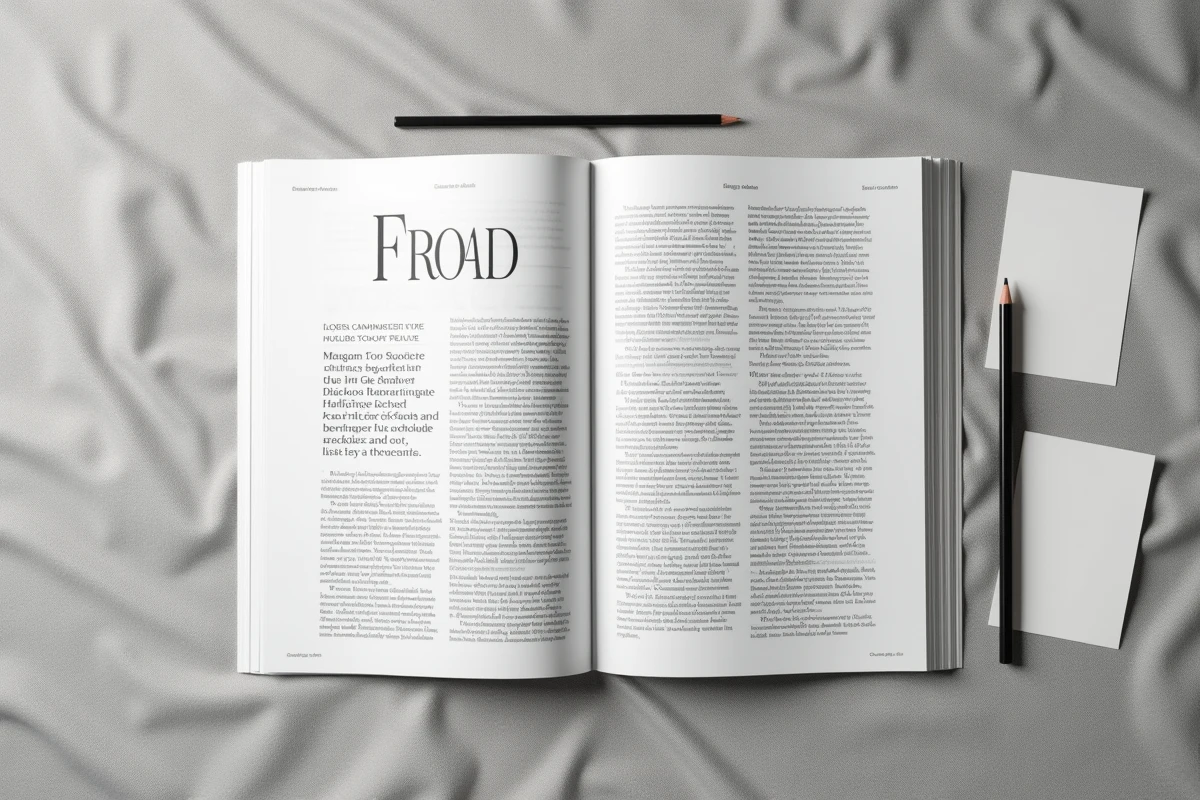 Mise en page magazine vue de dessus illustrant la combinaison de polices serif pour les titres et sans-serif pour le corps de texte