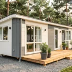 Mobil-home moderne de fabrication française installé dans un camping verdoyant avec terrasse en bois et grandes fenêtres