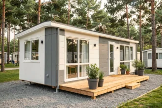 Mobil-home moderne de fabrication française installé dans un camping verdoyant avec terrasse en bois et grandes fenêtres
