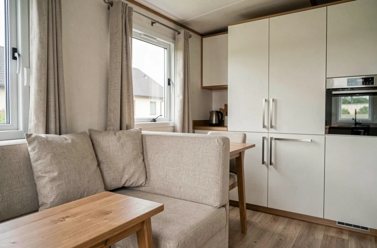 Intérieur spacieux et bien aménagé d'un mobil-home haut de gamme français avec salon, coin repas et cuisine intégrée