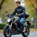 Jeune motard confiant avec moto 125cc en extérieur