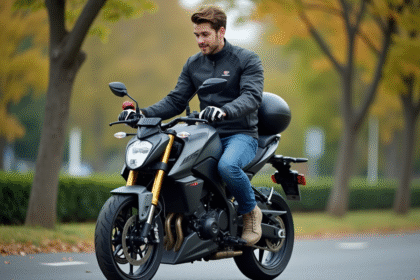 Jeune motard confiant avec moto 125cc en extérieur