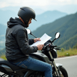 Homme en moto lisant assurance sur une route de montagne