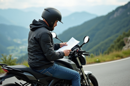 Homme en moto lisant assurance sur une route de montagne
