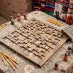Grille de mots fléchés en bois posée sur une table en pierre dans un marché péruvien, entourée de crayons et de figurines en argile andines
