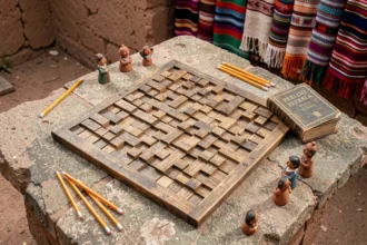 Grille de mots fléchés en bois posée sur une table en pierre dans un marché péruvien, entourée de crayons et de figurines en argile andines