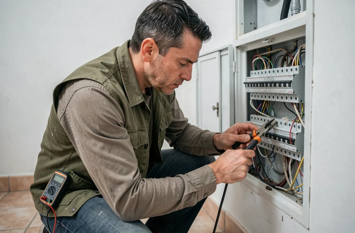 Électricien NTC ELEC Benoit Andouze travaillant sur un tableau électrique résidentiel dans une pièce de service