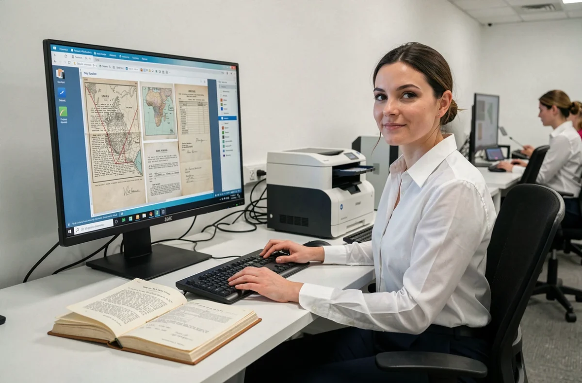 Femme travaillant sur la numérisation de documents d'archives anciens sur ordinateur dans un bureau de conservation numérique