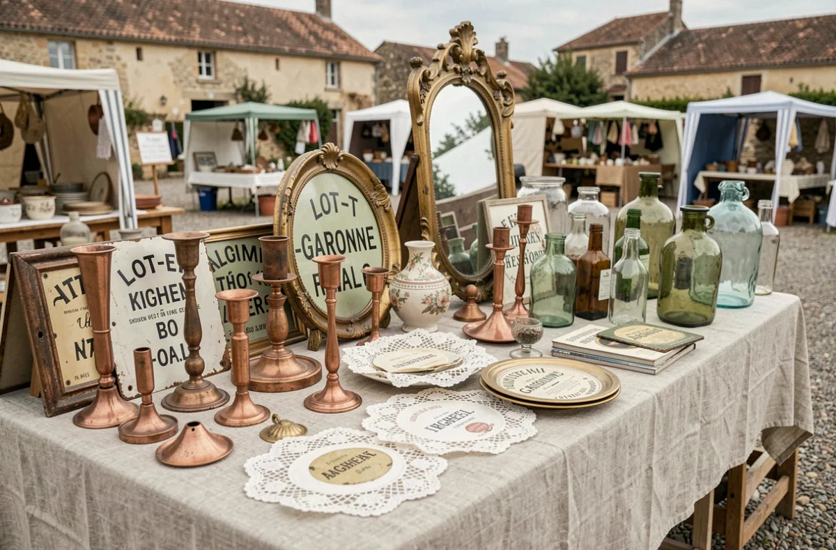 Table de brocante garnie d'objets vintage et antiques dans un village du Lot-et-Garonne