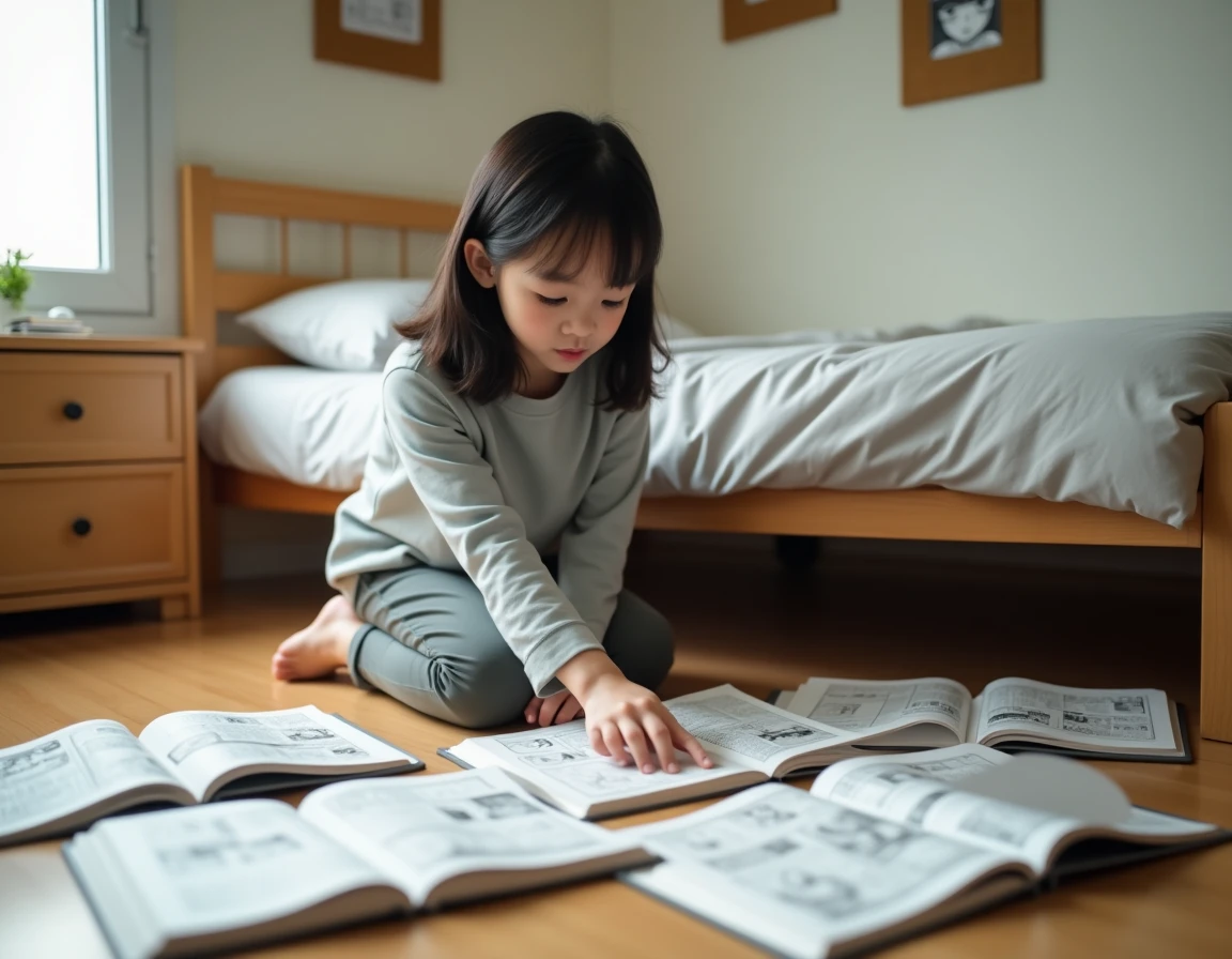 Adolescente parcourant plusieurs volumes de manga ouverts sur le sol de sa chambre pour organiser sa lecture