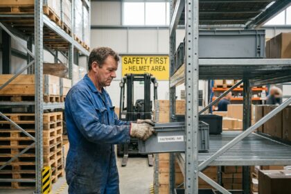 Homme en bleu dans un entrepôt organisé
