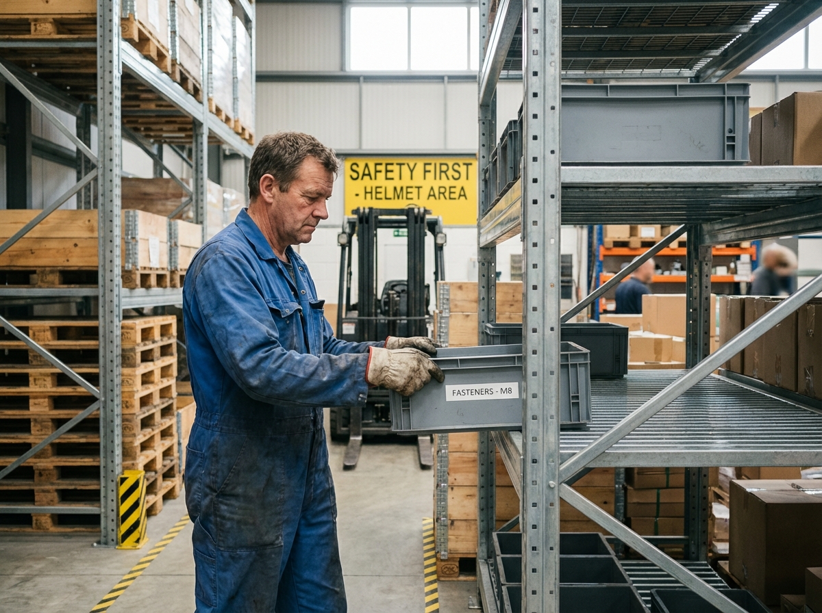 Homme en bleu dans un entrepôt organisé