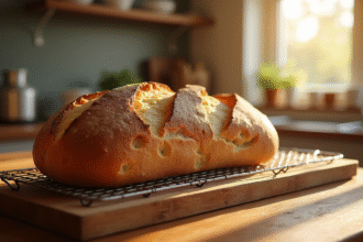 Pain rustique fraîchement cuit refroidissant sur un support en bois