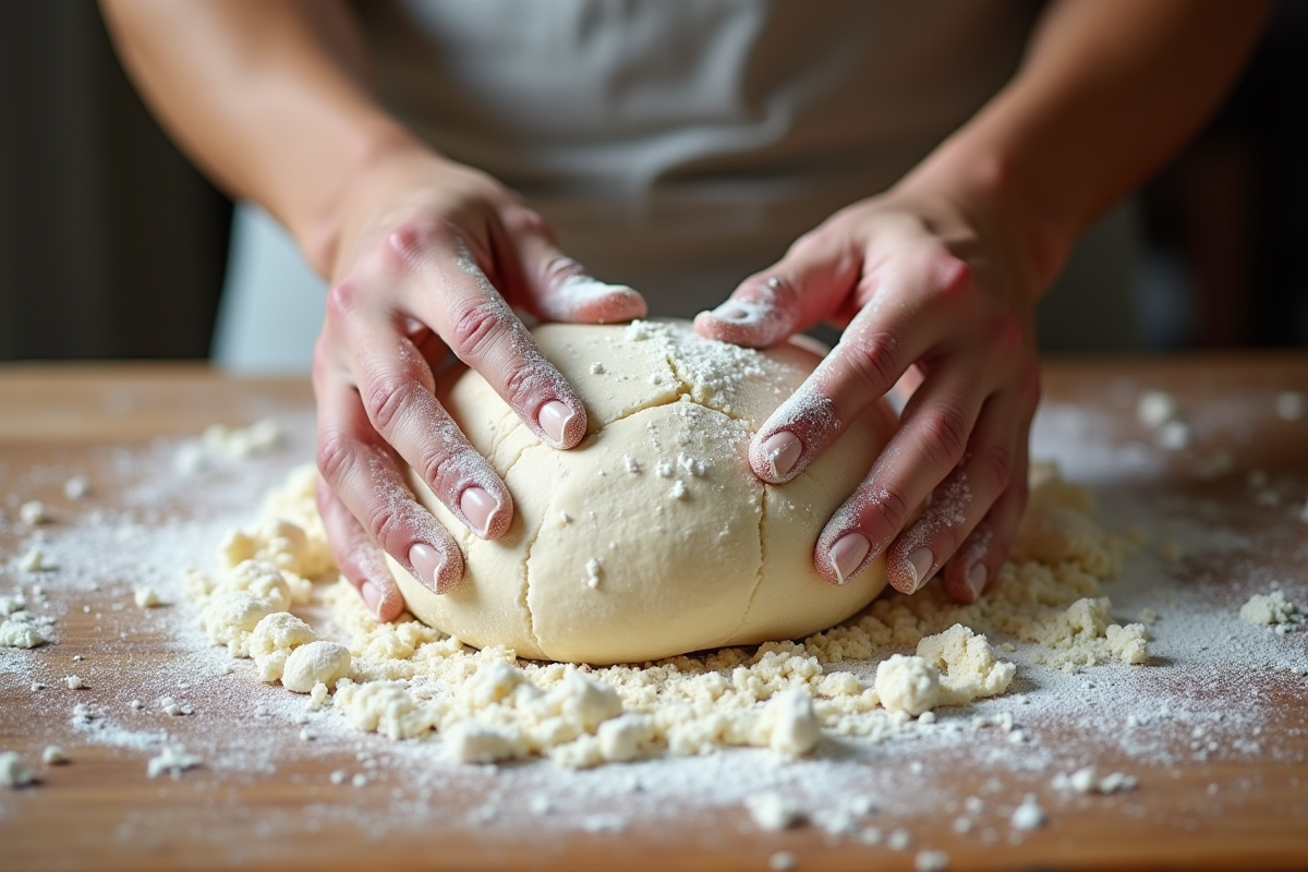 Mains saupoudrées de farine pétrissant la pâte à pain artisanal