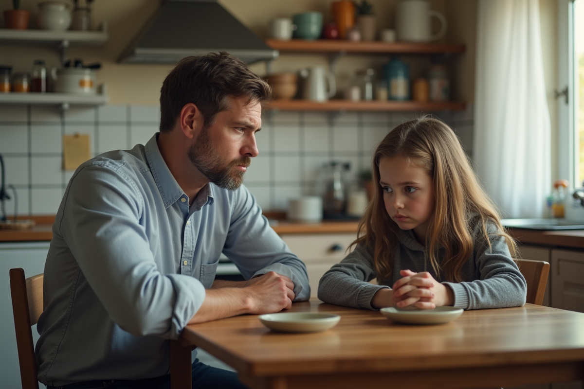Pere inquiet et sa fille dans la cuisine