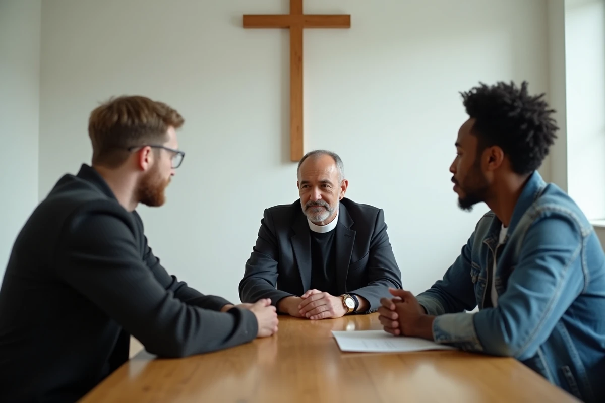 Pasteur protestant en entretien pastoral avec un jeune couple dans une salle de réunion d'église moderne