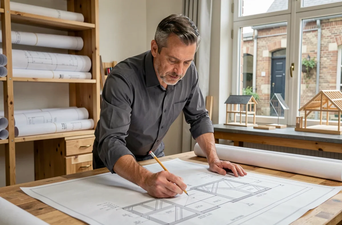 Technicien de PBDE Projet Bois et Dessin Étude étudiant des plans de charpente bois dans un bureau en Vendée