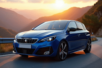 Peugeot 308 GTI bleue sur route de montagne au coucher du soleil
