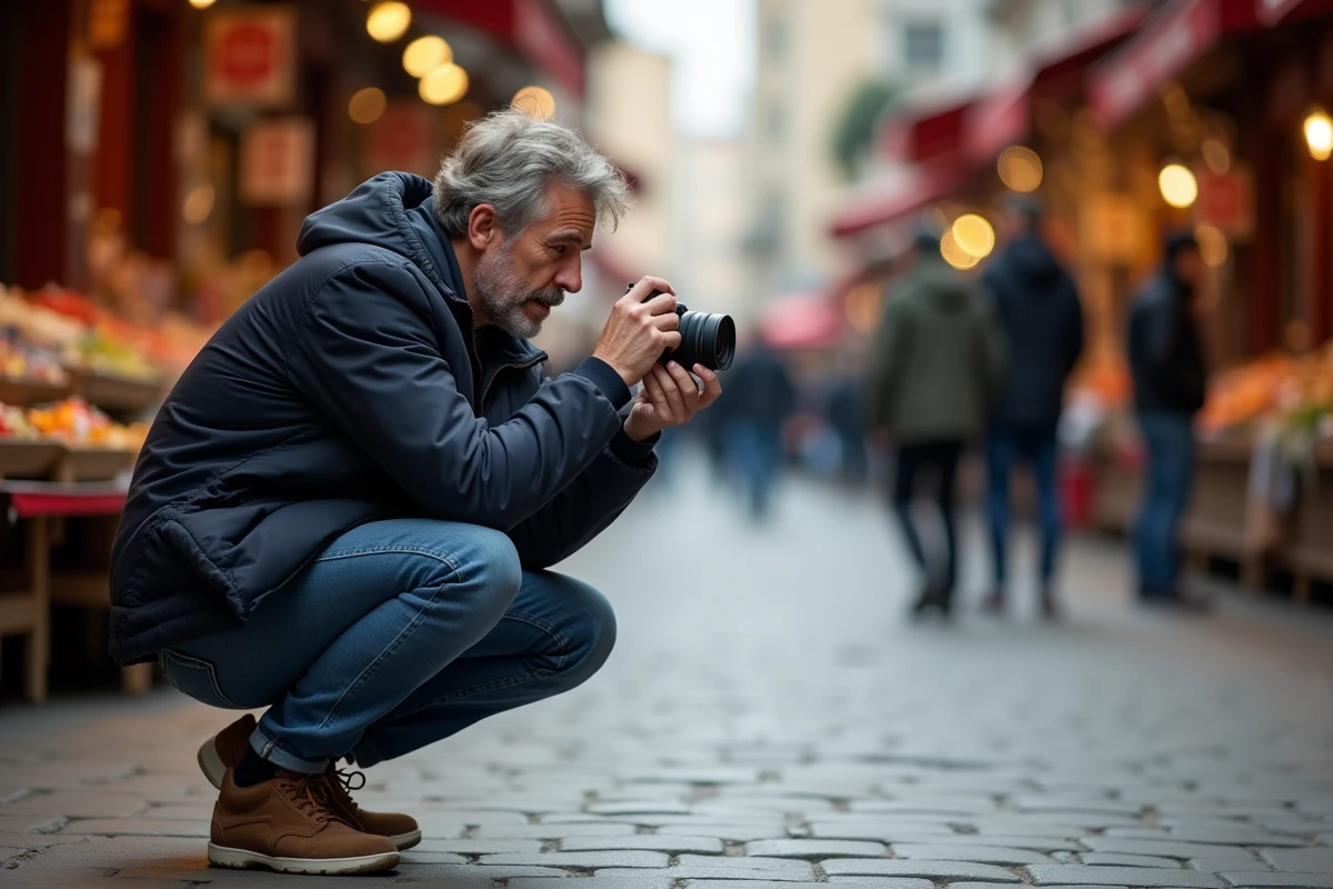 Photographe amateur utilisant un appareil photo compact dans un marché urbain