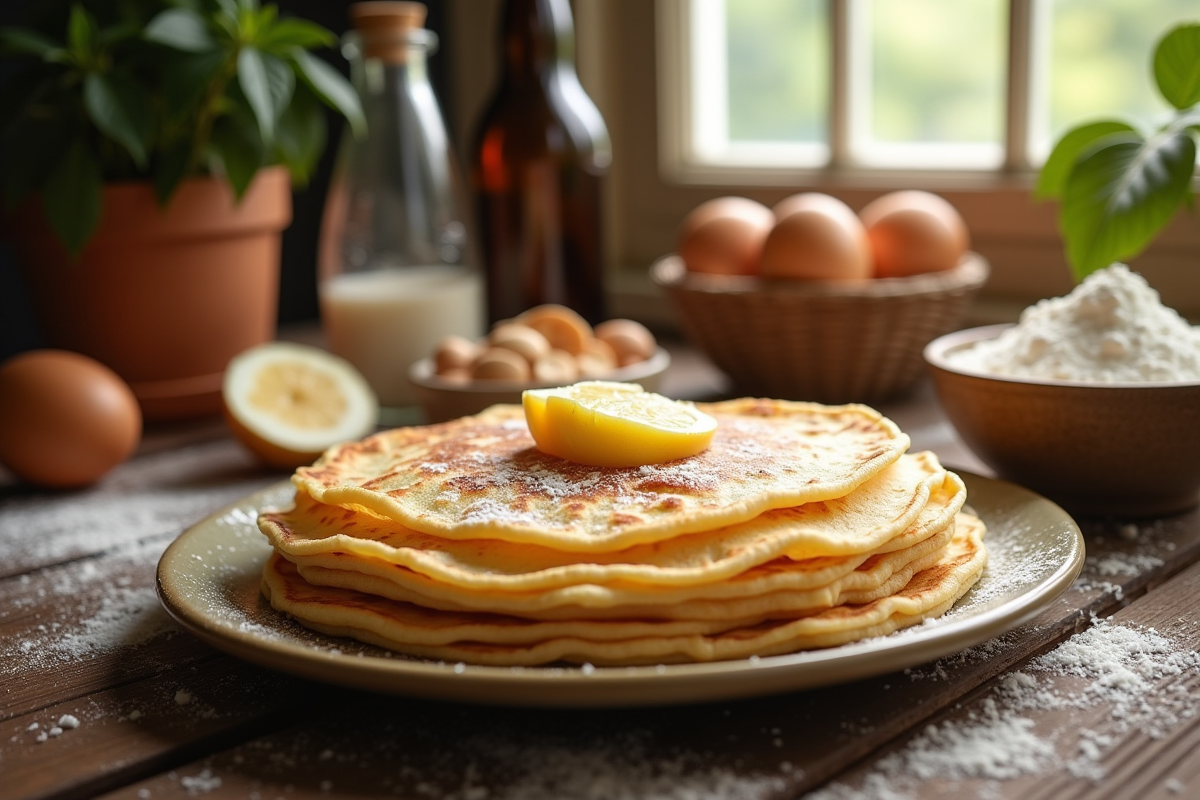 Pile de crepes dorées sur une table en bois rustic avec ingredients