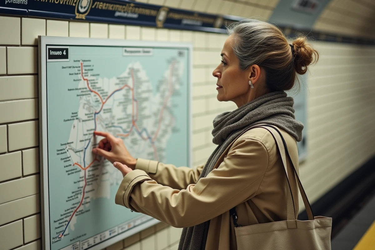 Femme consultant le plan du métro ligne 4 Paris sur le mur d'une station