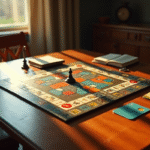Plateau de jeu Cluedo avec pièces et cartes sur une table en bois