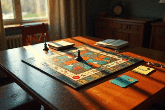 Plateau de jeu Cluedo avec pièces et cartes sur une table en bois
