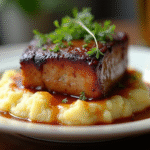 Joues de porc braisees a la biere avec herbes et purée