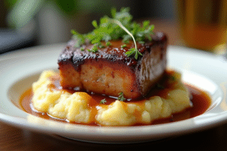 Joues de porc braisees a la biere avec herbes et purée