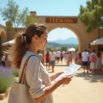 Femme consultant le plan du festival de Luynes à l'entrée du site lors de sa première visite