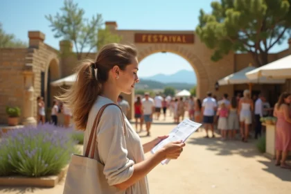 Femme consultant le plan du festival de Luynes à l'entrée du site lors de sa première visite