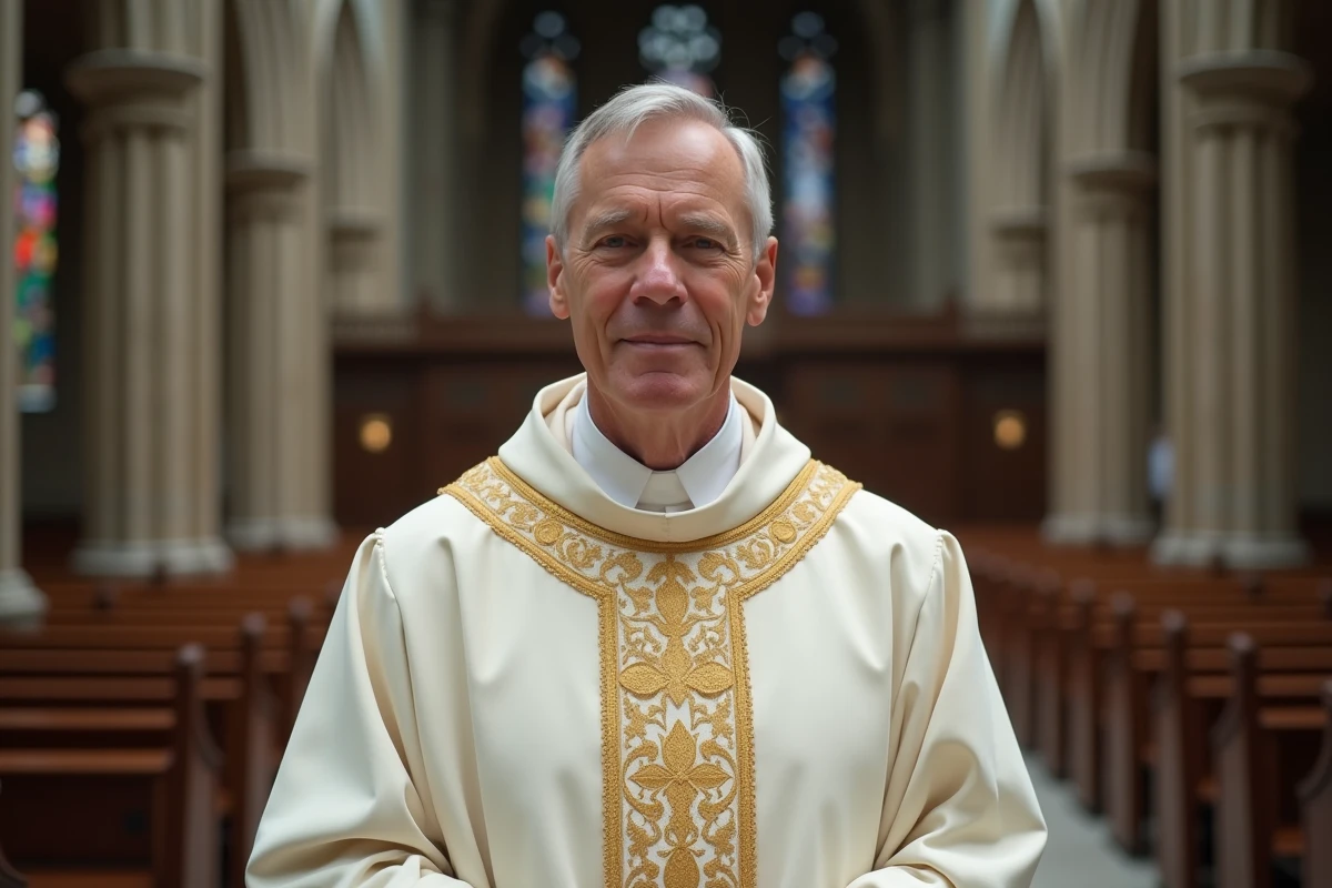 Prêtre catholique en vêtements liturgiques blancs brodés d'or devant l'autel d'une cathédrale gothique en pierre