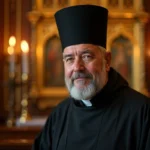 Prêtre orthodoxe en habit liturgique devant un iconostase doré dans une église orthodoxe traditionnelle