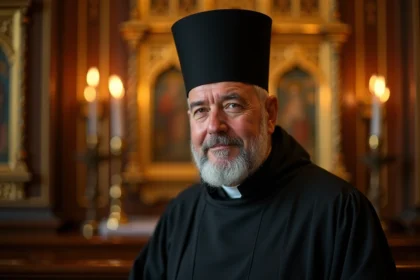 Prêtre orthodoxe en habit liturgique devant un iconostase doré dans une église orthodoxe traditionnelle