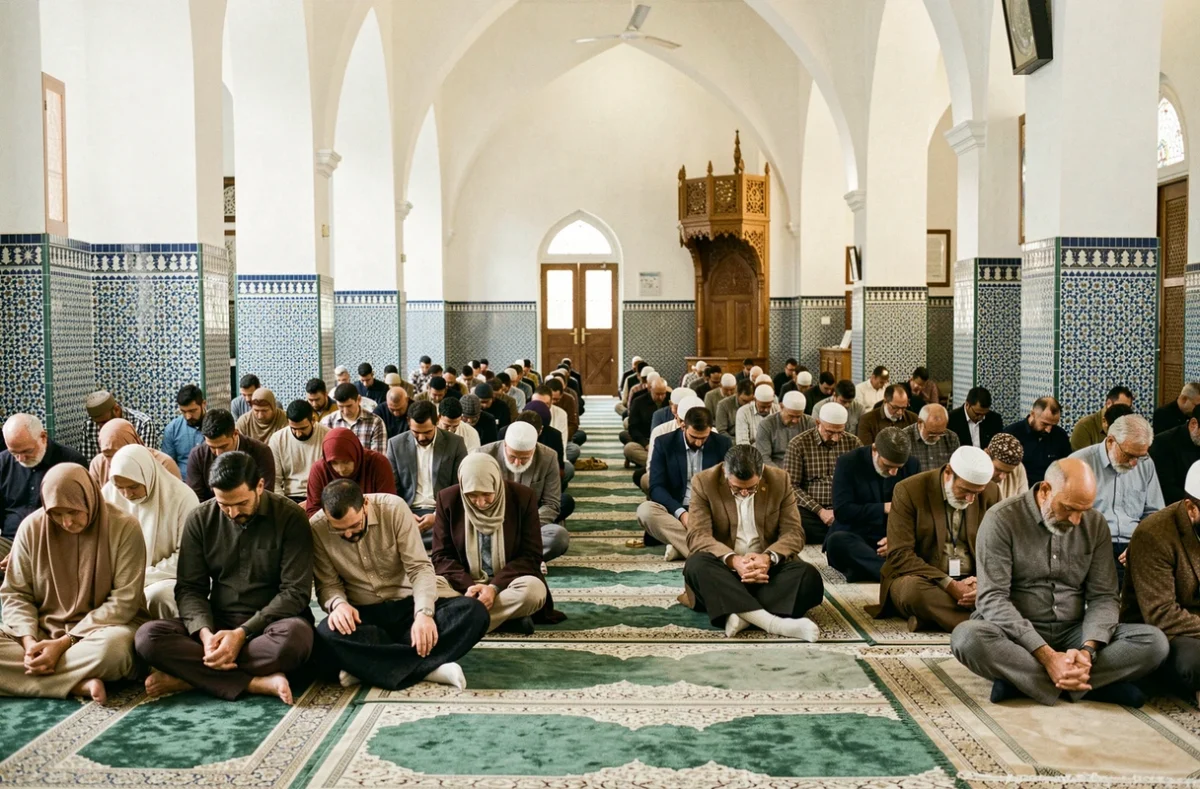Hommes en prière collective à l'intérieur d'une mosquée lors de la prière du vendredi joumoua à Bordeaux
