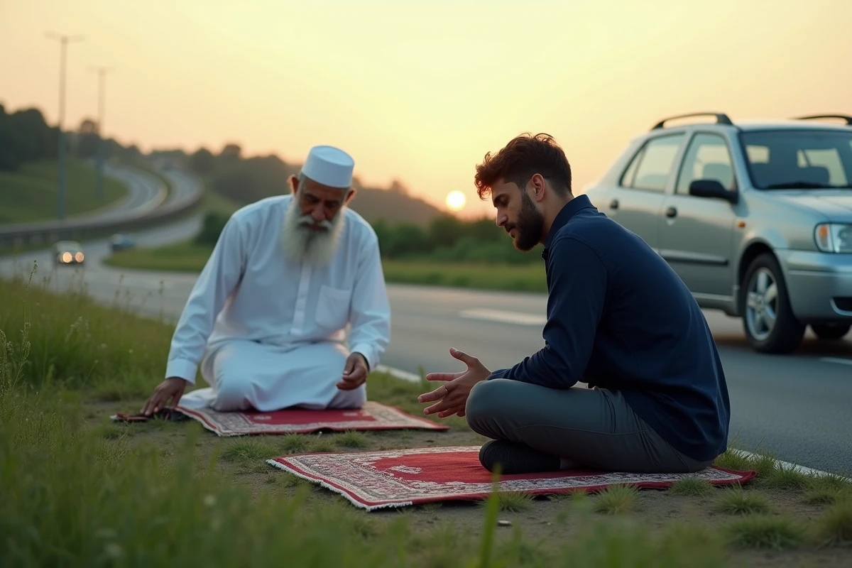 Deux hommes accomplissant la prière du Maghreb raccourcie lors d'un arrêt sur autoroute pendant un voyage en voiture
