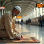 Homme en djellaba effectuant la prière du Maghreb sur un tapis de prière portable dans une gare ferroviaire animée