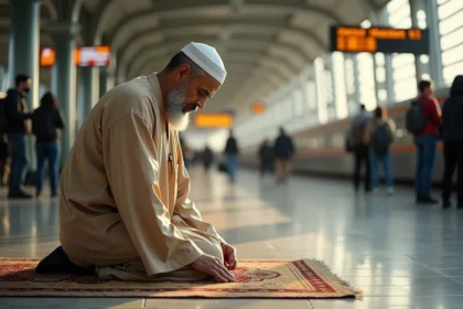 Homme en djellaba effectuant la prière du Maghreb sur un tapis de prière portable dans une gare ferroviaire animée